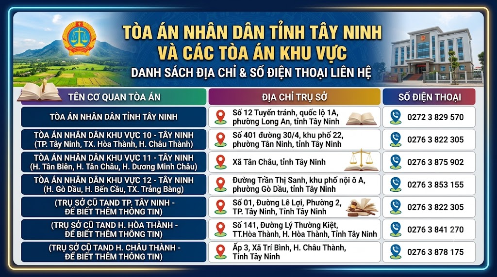 Địa chỉ và số điện thoại các Tòa án nhân dân khu vực tỉnh Tây Ninh